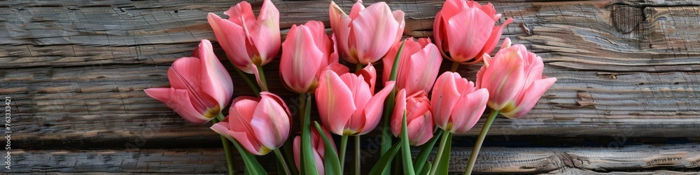 Bouquet of pink tulips on old wooden background, panoramic banner