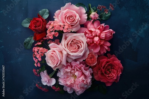 Flowers composition. Frame made of pink and red roses on dark blue background. Vintage backdrop. Flat lay  top view  copy space