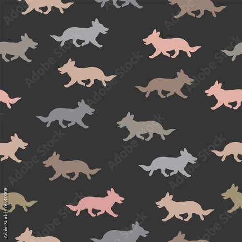 Running pembroke welsh corgi puppies differen colors. Isolated on a black background. Seamless pattern. Endless texture. Pet animals. Design for wallpaper, template. Vector illustration.