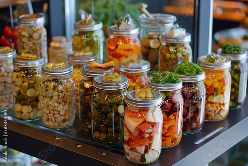 A glass podium filled with neatly arranged glass jars of pickled vegetables and fruits.