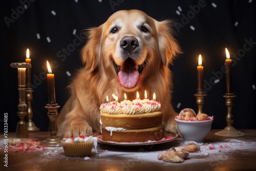 a golden retriever eating cake for birthday party