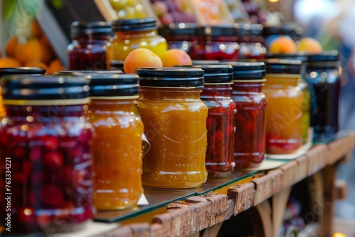 A glass-top podium displaying colorful jars of homemade jams and preserves.