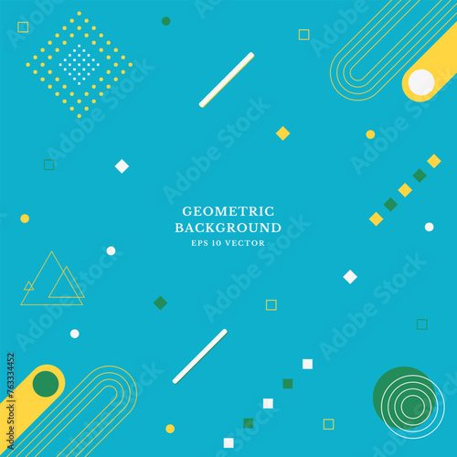 Pattern from geometric shapes in 80s-90s style with headline. Abstract memphis background. Different figures isolated on a blue background. Vector illustration.