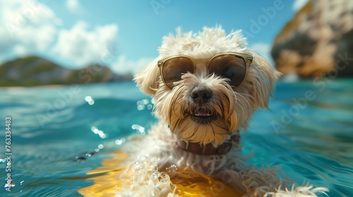 A puppy takes selfies while swiming in the sea. The dog is wearing a stylish sunglasses. Surf the board under the bright sun. Generated by artificial intelligence. © Ailee Tian
