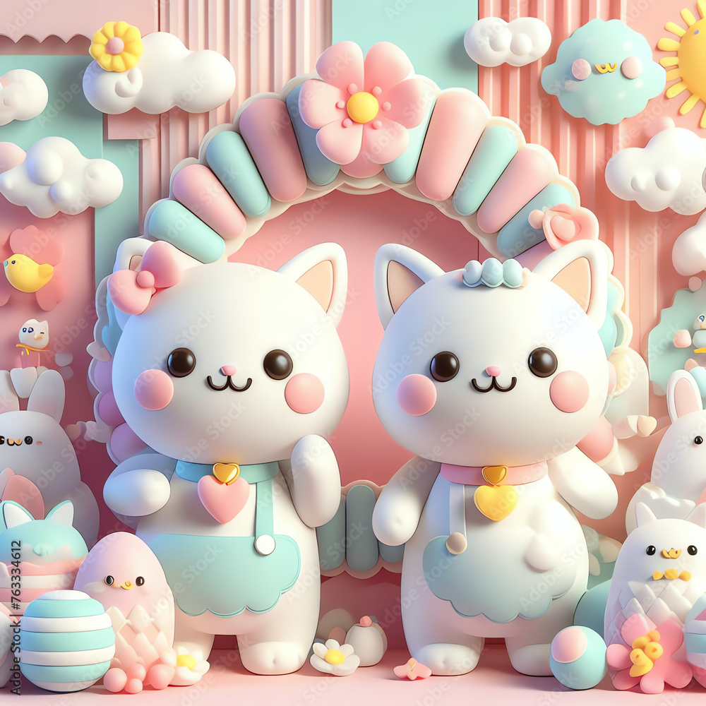 Naklejka premium adorable and cute 3D animation kitten wallpaper design illustration and background for kids