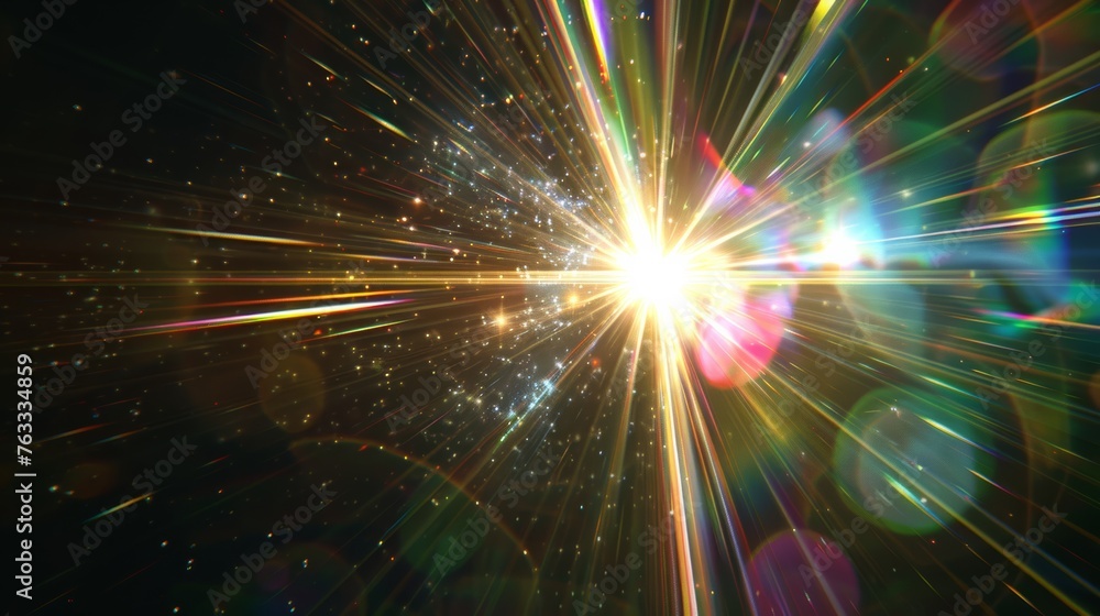 Obraz premium colorful light shining through a dark background. The light is bright and vibrant, creating a sense of energy and excitement. The colors are bold and vivid, making the scene feel dynamic and lively