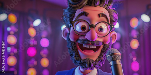 Cartoon man with glasses and a beard holding a microphone in front of colorful lights on stage photo
