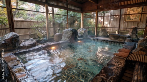 Traditional Japanese onsen bath surrounded by autumn foliage, misty ambiance with shoji screens and lanterns. Ideal for travel and relaxation themes. © mashimara