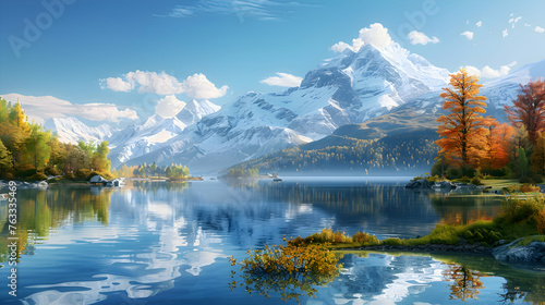 A serene lake reflecting the snow-capped peaks of a mountain range  with colorful autumn trees lining the shore