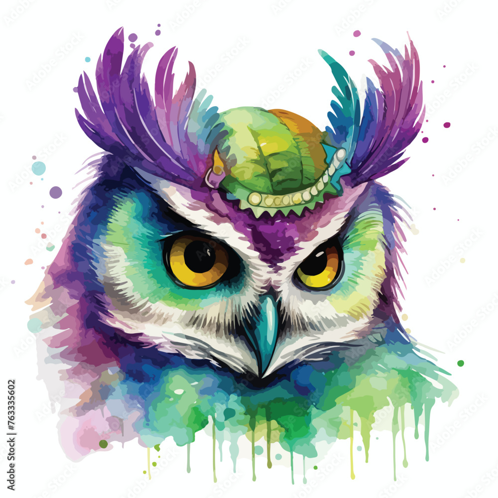 Watercolor Mardi Gras owl clipart 