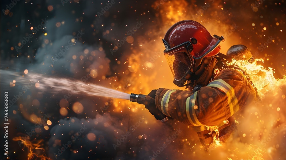 Firefighter in action using water extinguisher to battle flames in a ...