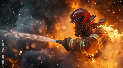 Firefighter in action using water extinguisher to battle flames in a digital art depiction of an emergency. Concept Emergency Response, Firefighting, Water Extinguisher, Flames, Digital Art