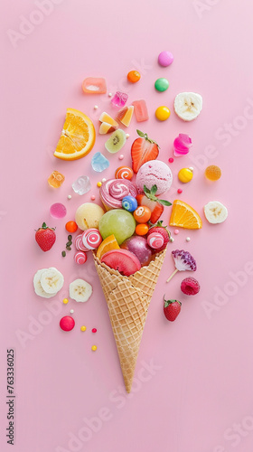 An ice cream cone with fruits with lot of colorful and pop candy and sauce