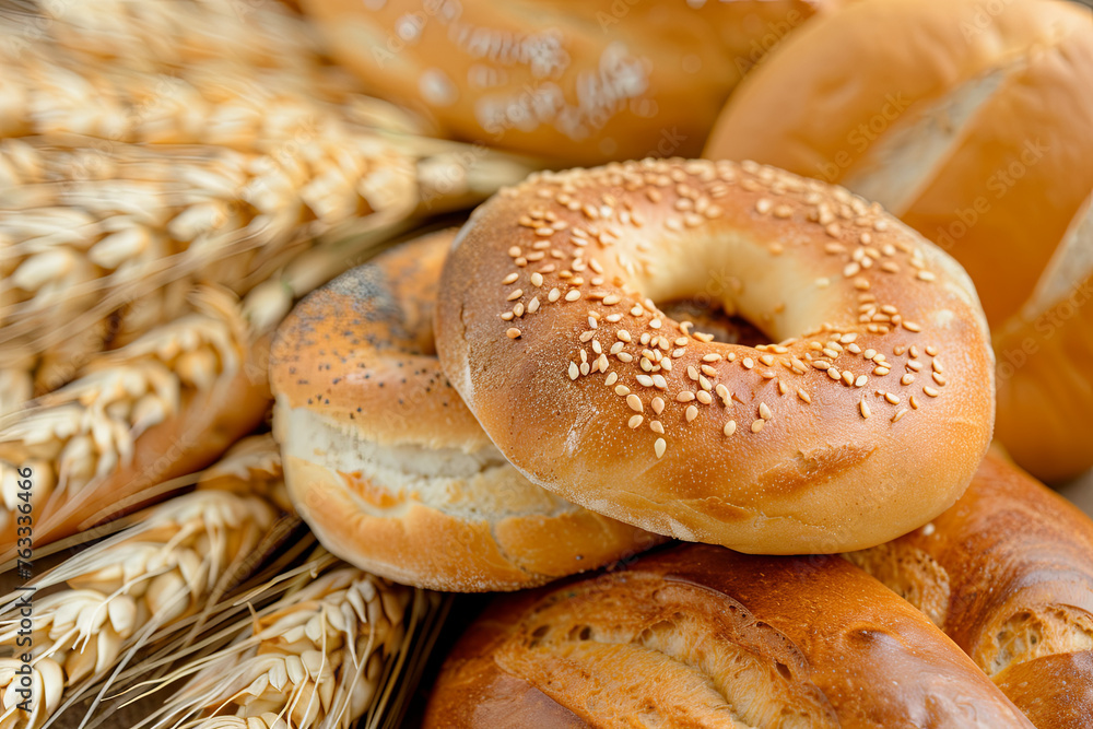 Variety of bread, bagels and two wheat-ears Variety of bread, bagels and two wheat-ears