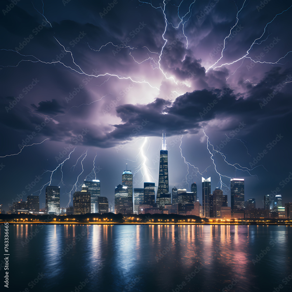 Dramatic lightning over an urban skyline.