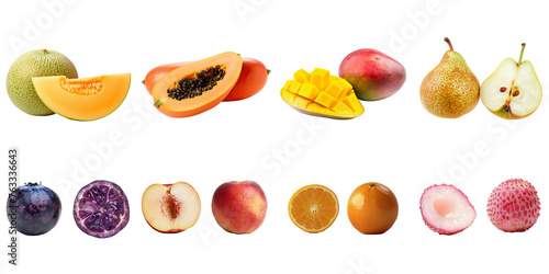 Set of mix different fruits isolated on transparent background, ripe tropical natural fruit concept, Healthy food with high of vitamin and minerals. Freshness of juicy fruit.