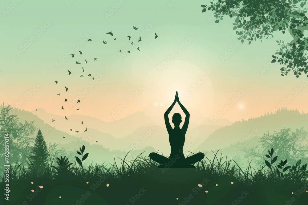 Health and wellness concept with a yoga pose silhouette and peaceful nature background.