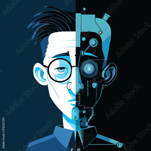 Half Human Half Robot Cartoon Illustration