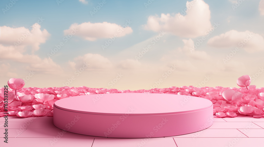 Pink podium with flower petals and hearts in a romantic pastel setting Pink podium with flower petals and hearts in a romantic pastel setting