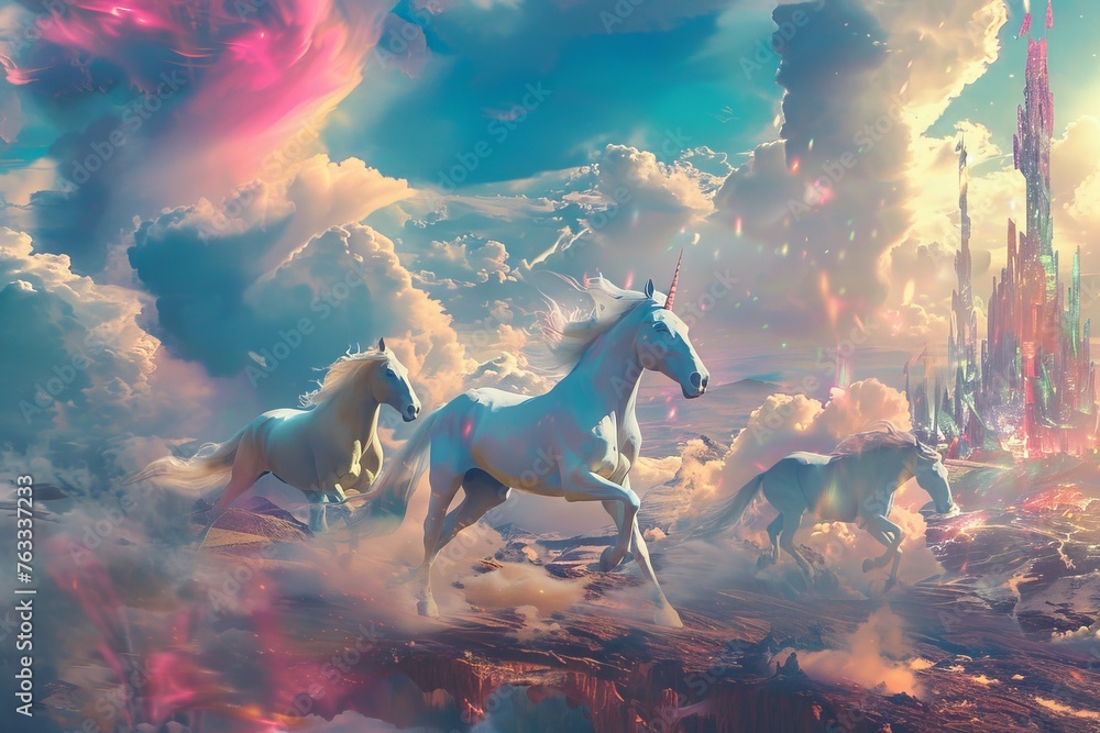 A fantasy scene featuring mythical horses galloping across a landscape of surreal, colorful clouds and metallic structures. - obrazy, fototapety, plakaty 
