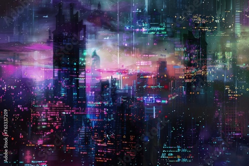 A digital artwork depicting a futuristic cityscape with metallic structures and neon lights, set against a textured, starry night sky.