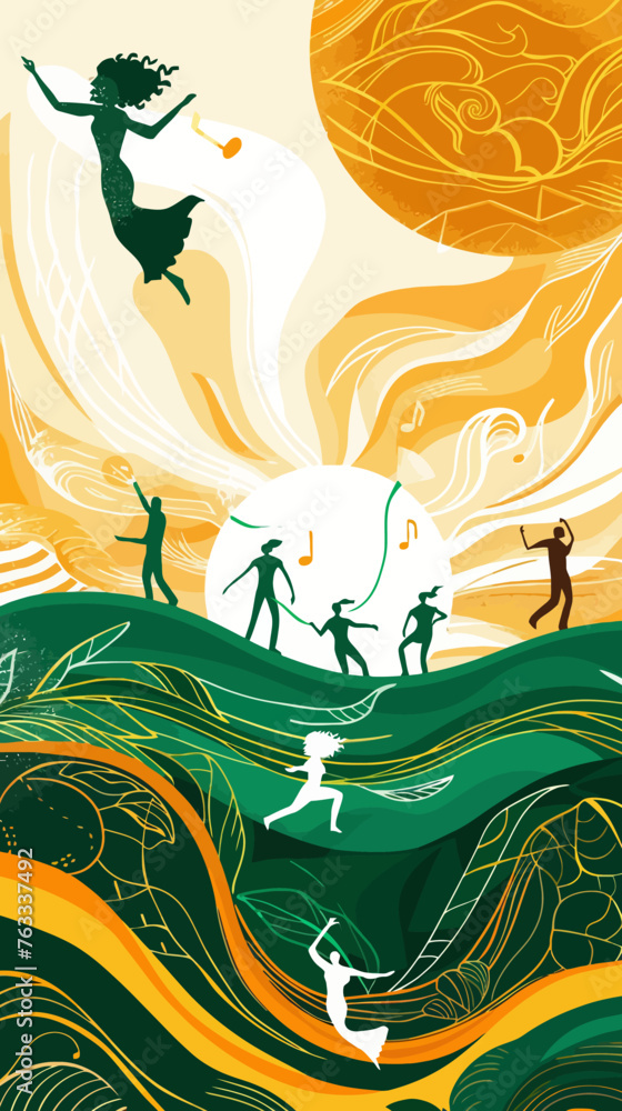 Music Flow Make People Dancing in HIll Illustration, Yellow and Green Style