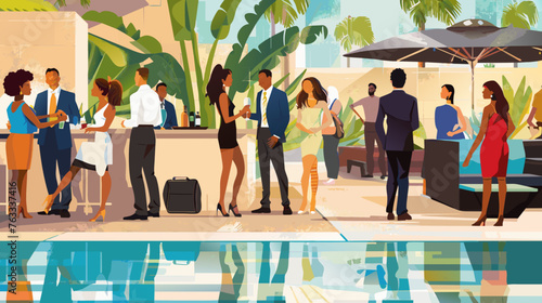 Depicting business travelers mingling with local professionals or relaxing at the hotel.