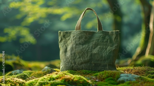 Green tote on moss, local close-up, product shooting, realistic photography,