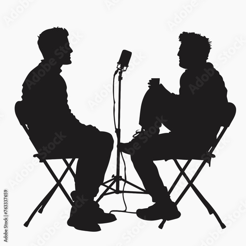 Silhouette People Guy Doing Podcast Sitting on Chairs