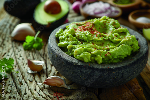 Rustic homemade guacamole in stone bowl, suitable for culinary themes, healthy blogs.