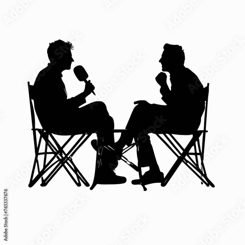 Silhouette People Guy Doing Podcast Sitting on Chairs