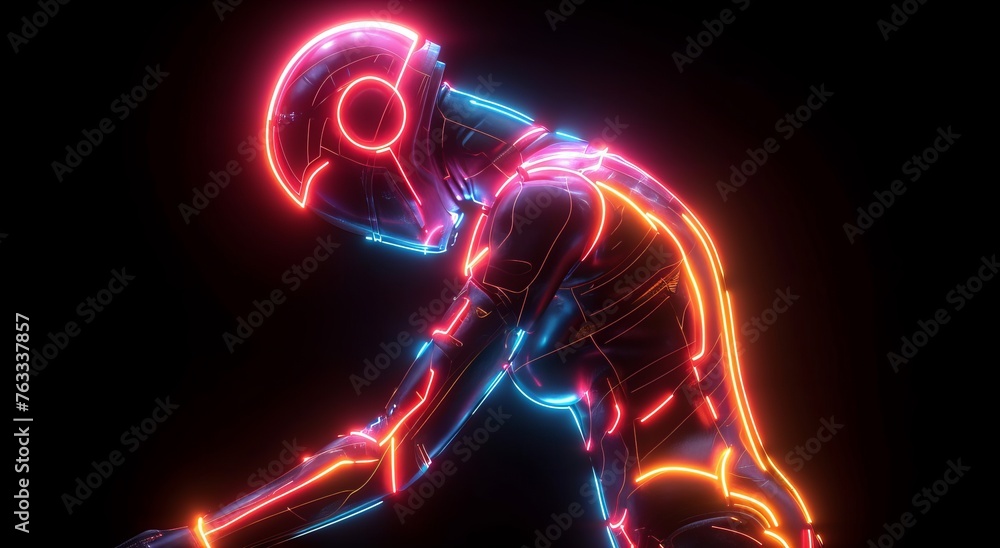 render of futuristic neon robot isolated on black background