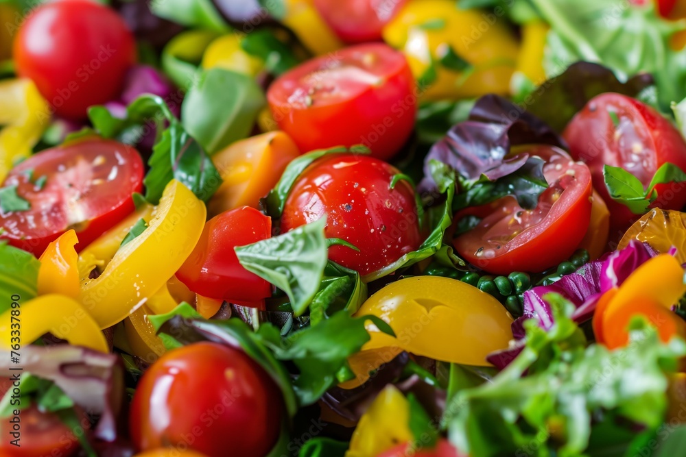 colorful summer salad, healthy and fresh, bright reds, greens, and yellows, close up colorful summer salad, healthy and fresh, bright reds, greens, and yellows, close up