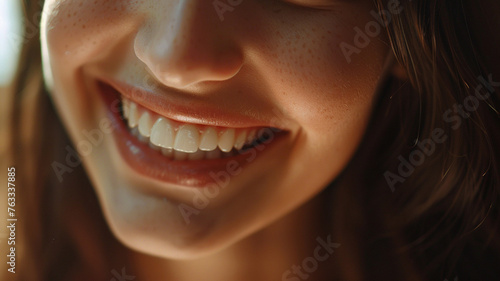 A young adult woman sits at the dentist with bright white beauti photo