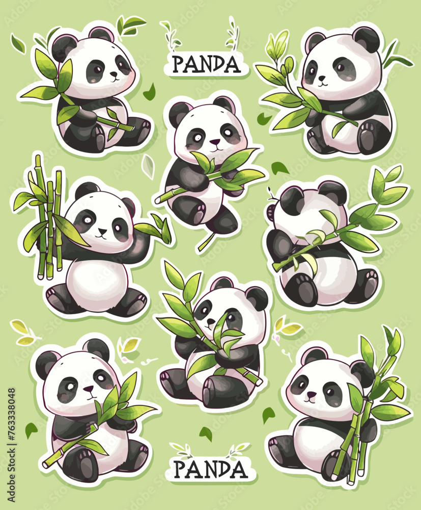Panda Set Stickers Cartoon Cute Panda Set Stickers Cartoon Cute