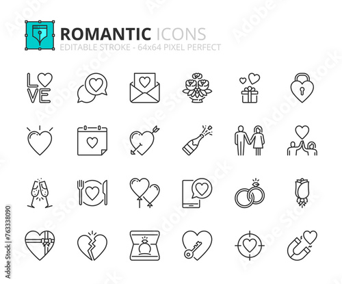 Line icons about romantic. Pixel perfect 64x64 and editable stroke