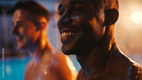 Men at swimming training, African American and Caucasian, two be