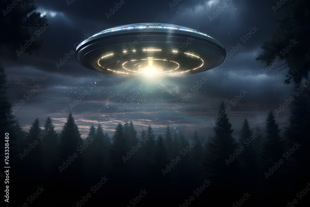 Alien spaceship UFO flying over a forest at night Alien spaceship UFO flying over a forest at night