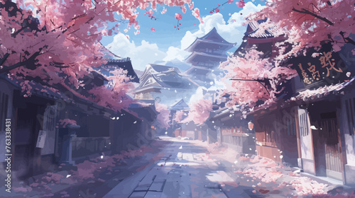 Japanese Traditional Village Illustration with Cherry Blossom tress in Spring