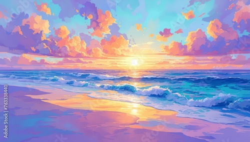 A vibrant sunset painting of the ocean, with colorful clouds and waves