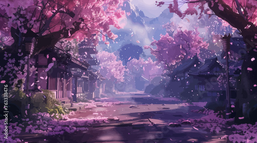 Japanese Traditional Village Illustration with Cherry Blossom tress in Spring