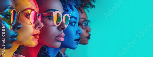 Concept of diversity and uniqueness. Finding and accepting oneself and one's identity. Banner with copy space for text. Profile view of diverse women in colorful lights. Fashion image with copy space photo