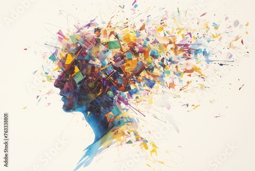 A watercolor painting depicts an abstract man with colorful hair in profile view against a white background. The artwork features dynamic splashes and splatters