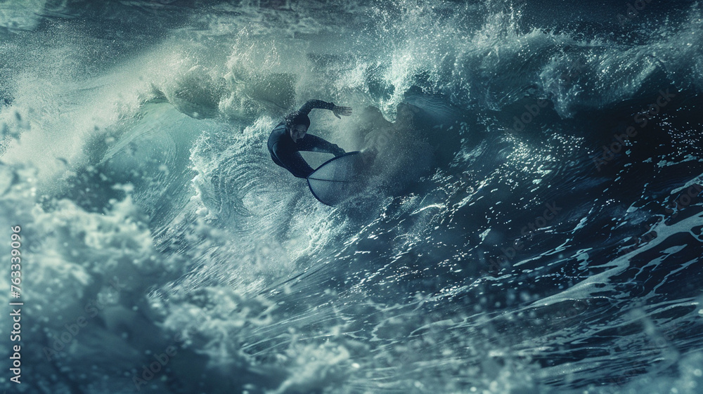 Fototapeta premium a man is a surfer and surfs a big wave in the sea in the water,