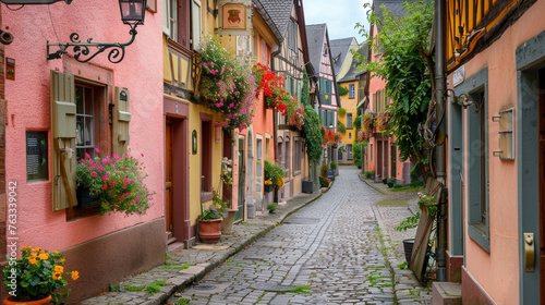 A picturesque old town with colourful facades  small shops  and window boxes full of flowers is traversed by a historic cobblestone roadway