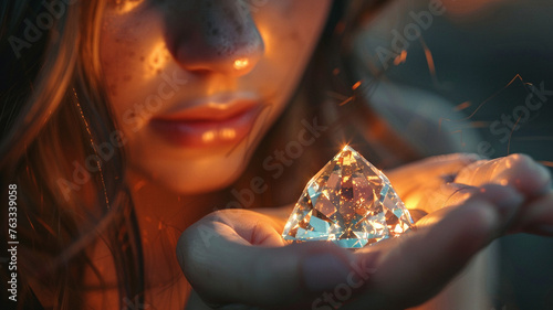 A young adult Caucasian woman holds a diamond in her hand, styli