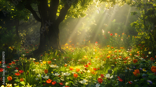 A tranquil forest clearing with sunlight filtering through the lush green canopy, illuminating a bed of wildflowers