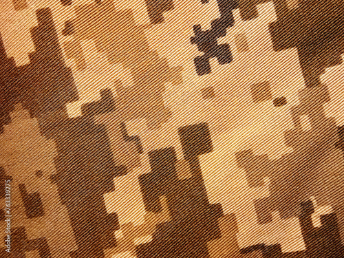 Ukrainian military uniform, pixel camouflage design in khaki color close up
