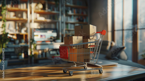 A shopping cart symbolically represents online shopping, shoppin