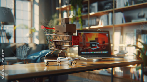 A shopping cart symbolically represents online shopping, shoppin